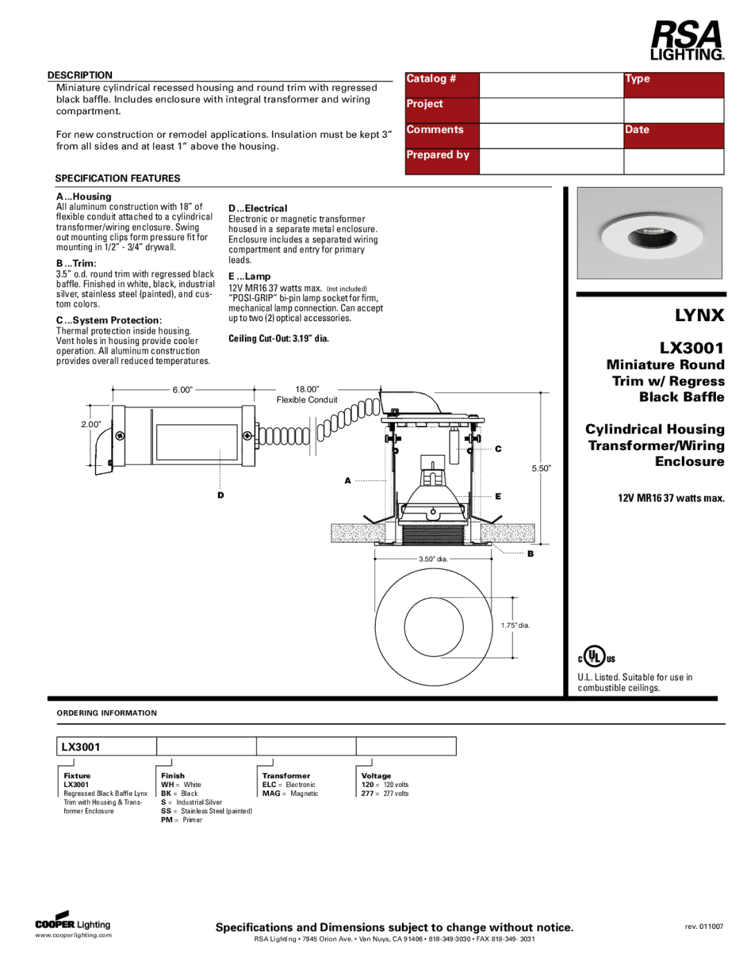 Cooper Lighting LX3001 specifications Lynx 