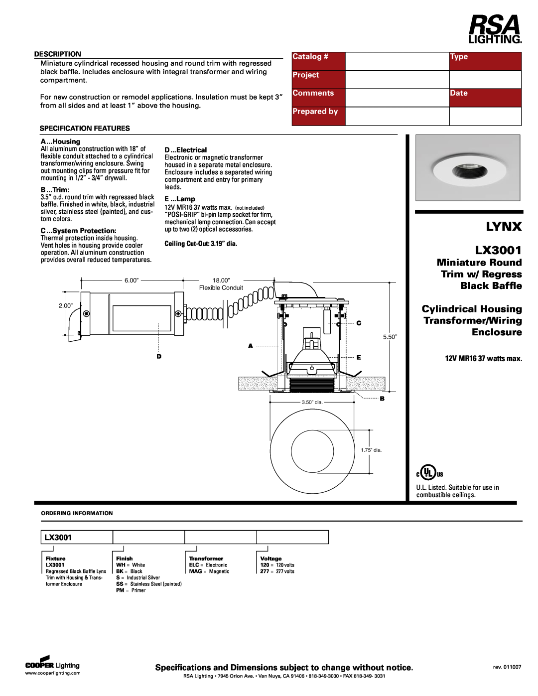Cooper Lighting LX3001 specifications Lynx, Miniature Round, Trim w/ Regress, Black Baffle, Cylindrical Housing, Enclosure 