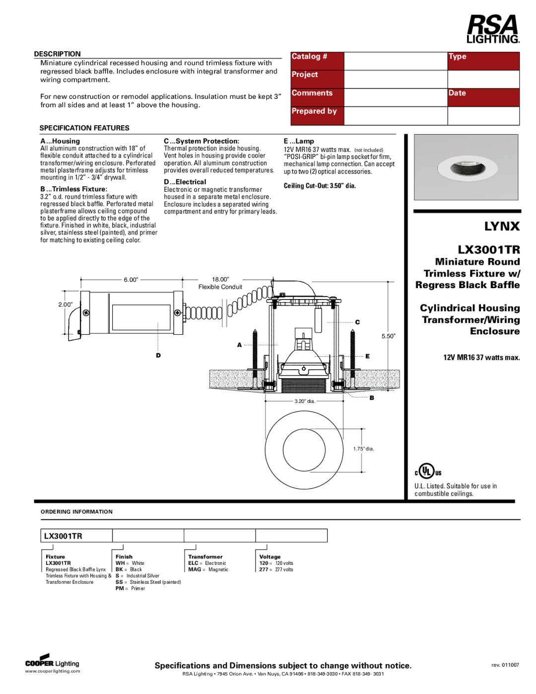 Cooper Lighting LX3001TR specifications Housing, Trimless Fixture, System Protection, Electrical, Lamp 