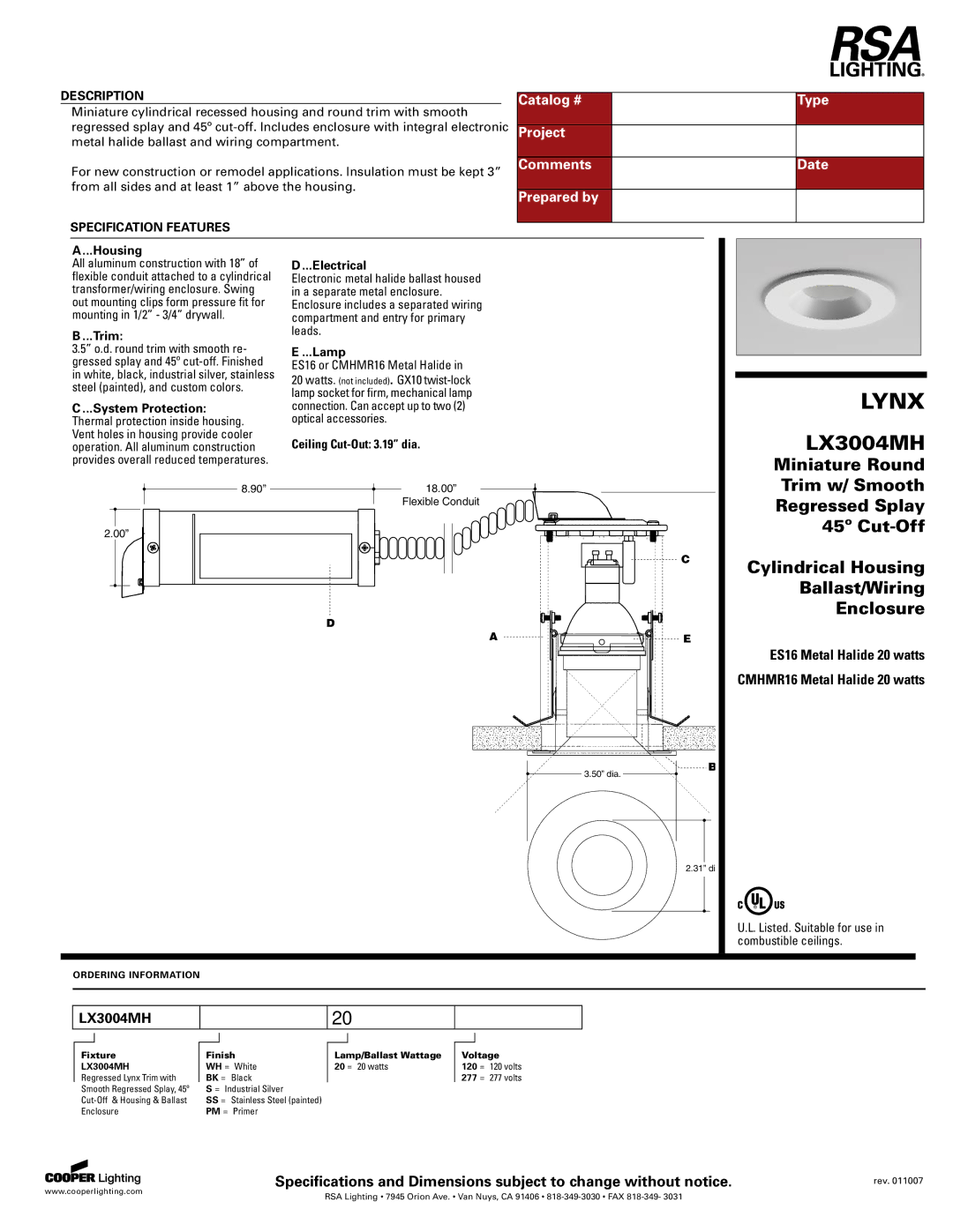 Cooper Lighting LX3004MH specifications Catalog # Type, Project, Comments Date, Prepared by 