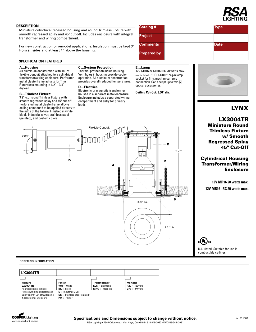 Cooper Lighting LX3004TR specifications 12V MR16 20 watts max 