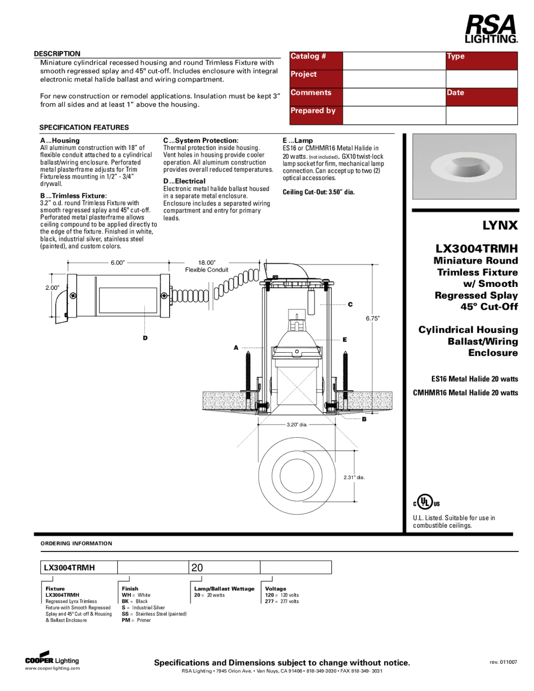 Cooper Lighting LX3004TRMH specifications Housing, Trimless Fixture, System Protection, Electrical, Lamp 