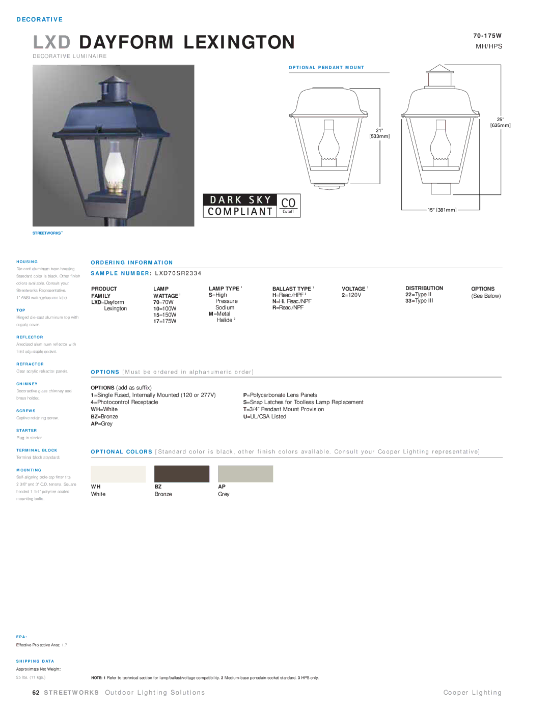 Cooper Lighting LXD70SR2334 manual LXD Dayform Lexington, Mh/Hps, C O R AT I V E L U M I N a I R E, White Bronze 