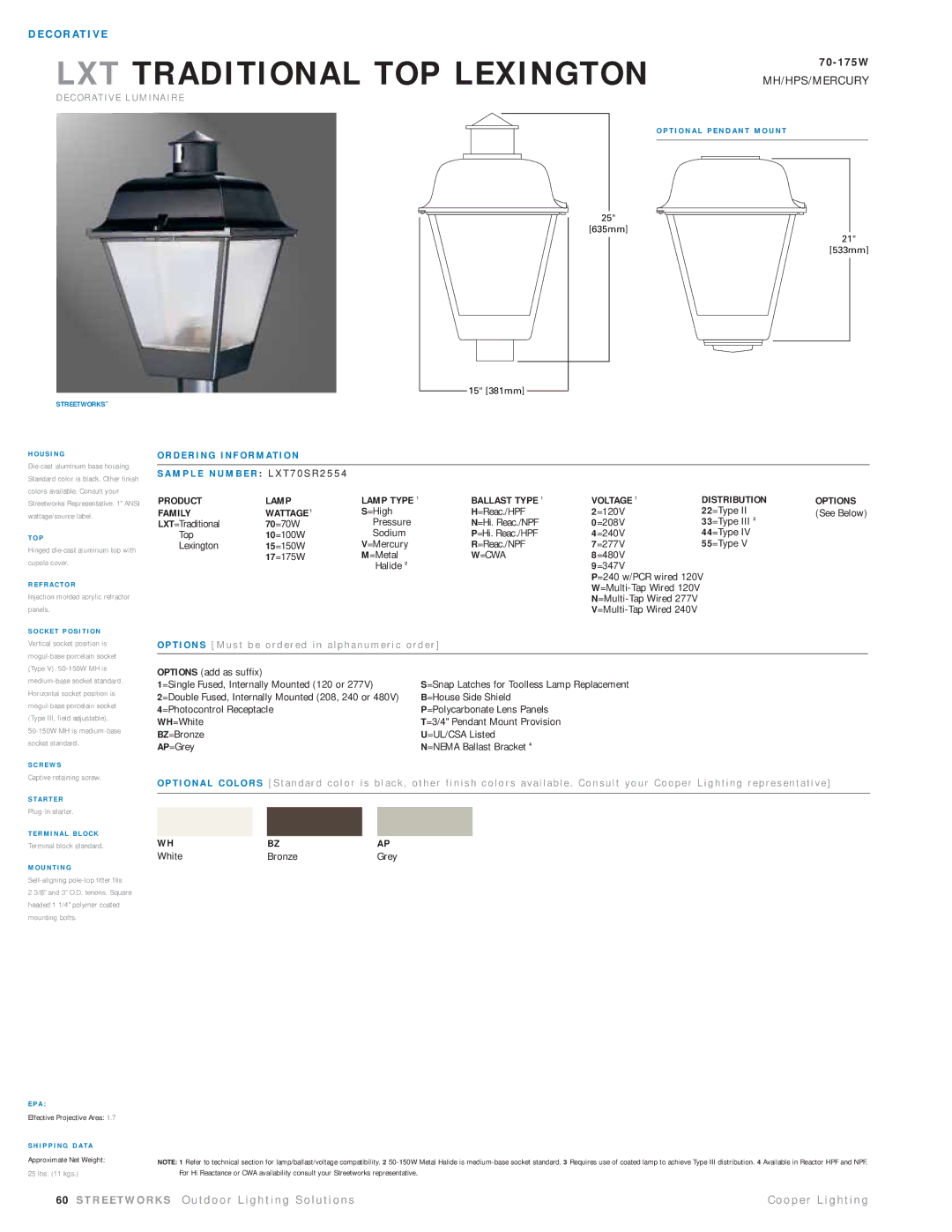 Cooper Lighting LXT70SR2554 manual Product Lamp, Ballast Type Voltage Family Wattage, =Cwa, Options 