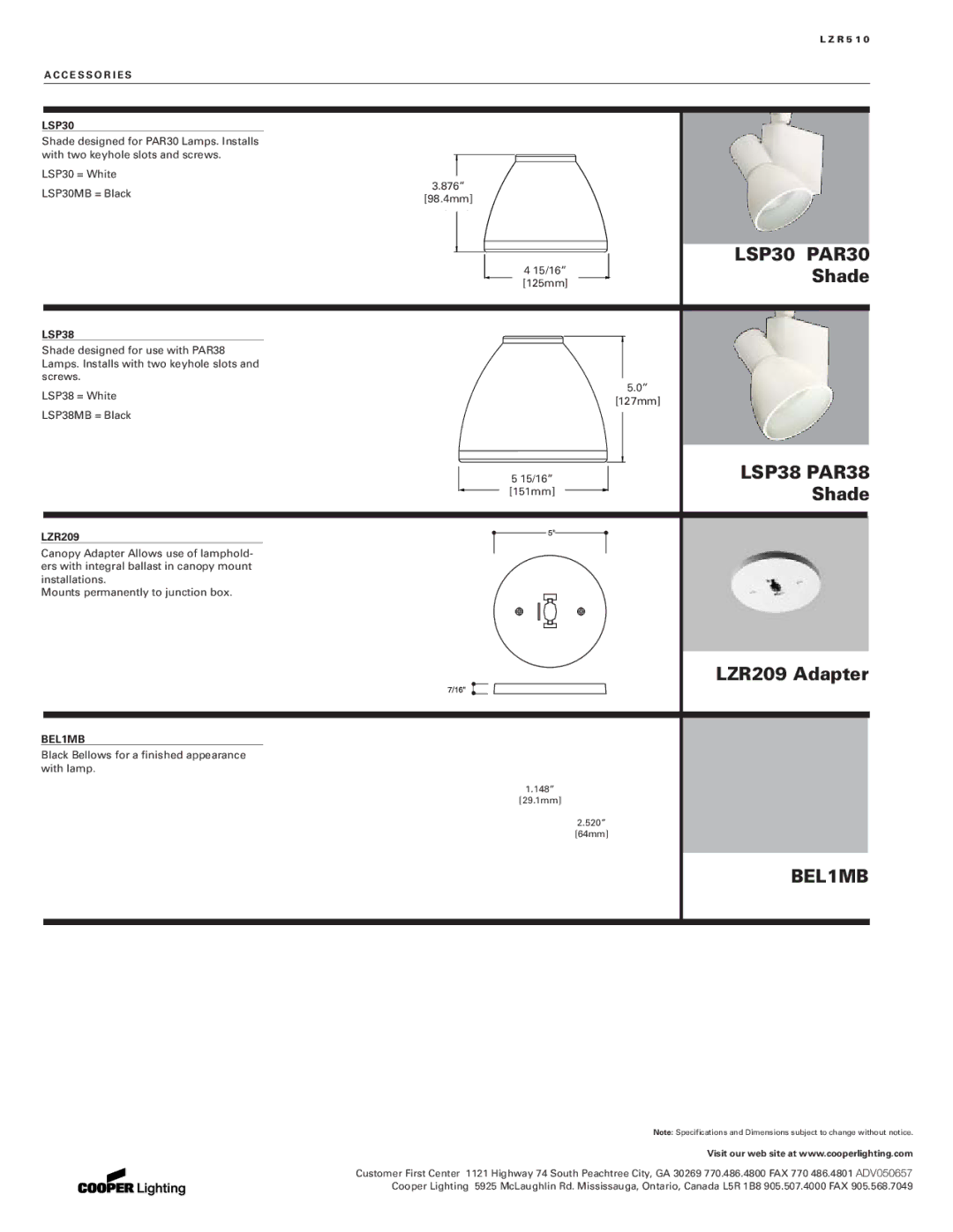 Cooper Lighting LZR510 manual LSP30 PAR30, Shade, LSP38 PAR38, LZR209 Adapter, BEL1MB 