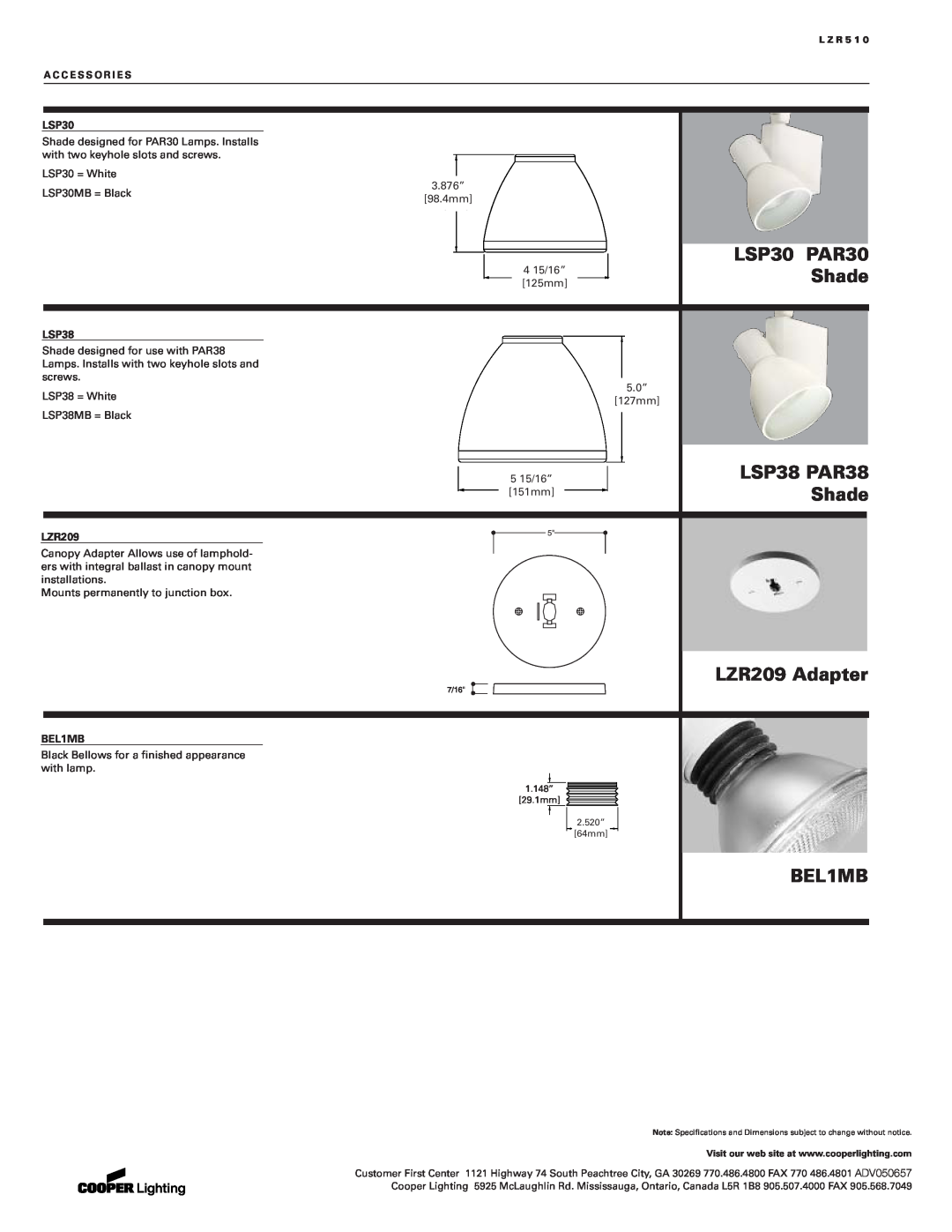 Cooper Lighting LZR510 manual LSP30 PAR30, Shade, LSP38 PAR38, LZR209 Adapter, BEL1MB 