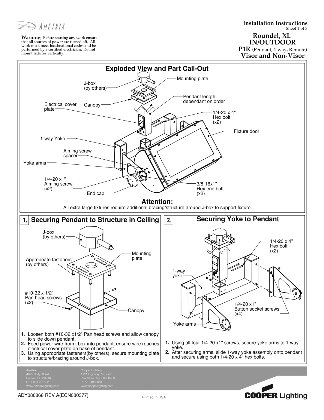 Cooper Lighting M2N-E SLI installation instructions Exploded View and Part Call-Out, Securing Yoke to Pendant 