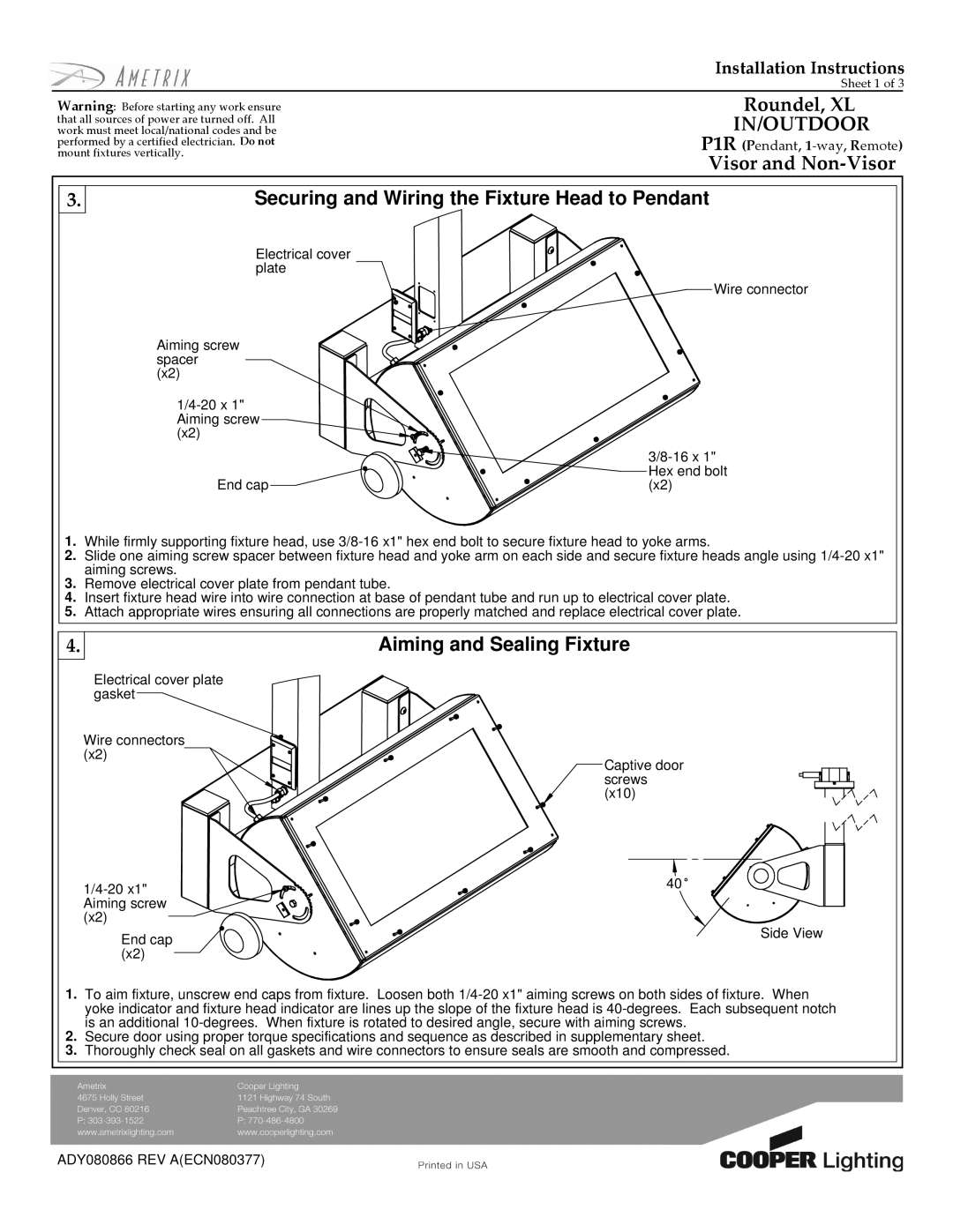 Cooper Lighting M2N-E SLI Securing and Wiring the Fixture Head to Pendant, Aiming and Sealing Fixture 