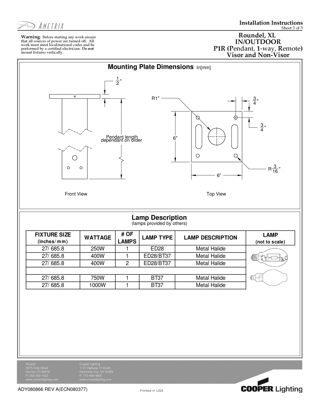 Cooper Lighting M2N-E SLI installation instructions Mounting Plate Dimensions Inmm, Lamp Description 