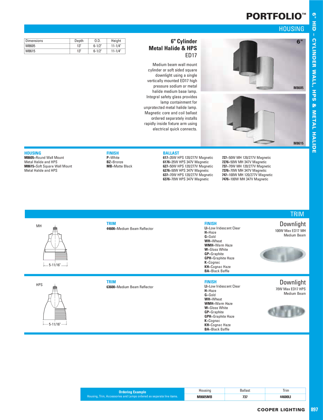 Cooper Lighting M8605 dimensions Portfolio, Housing, Trim, Downlight, Cylinder 