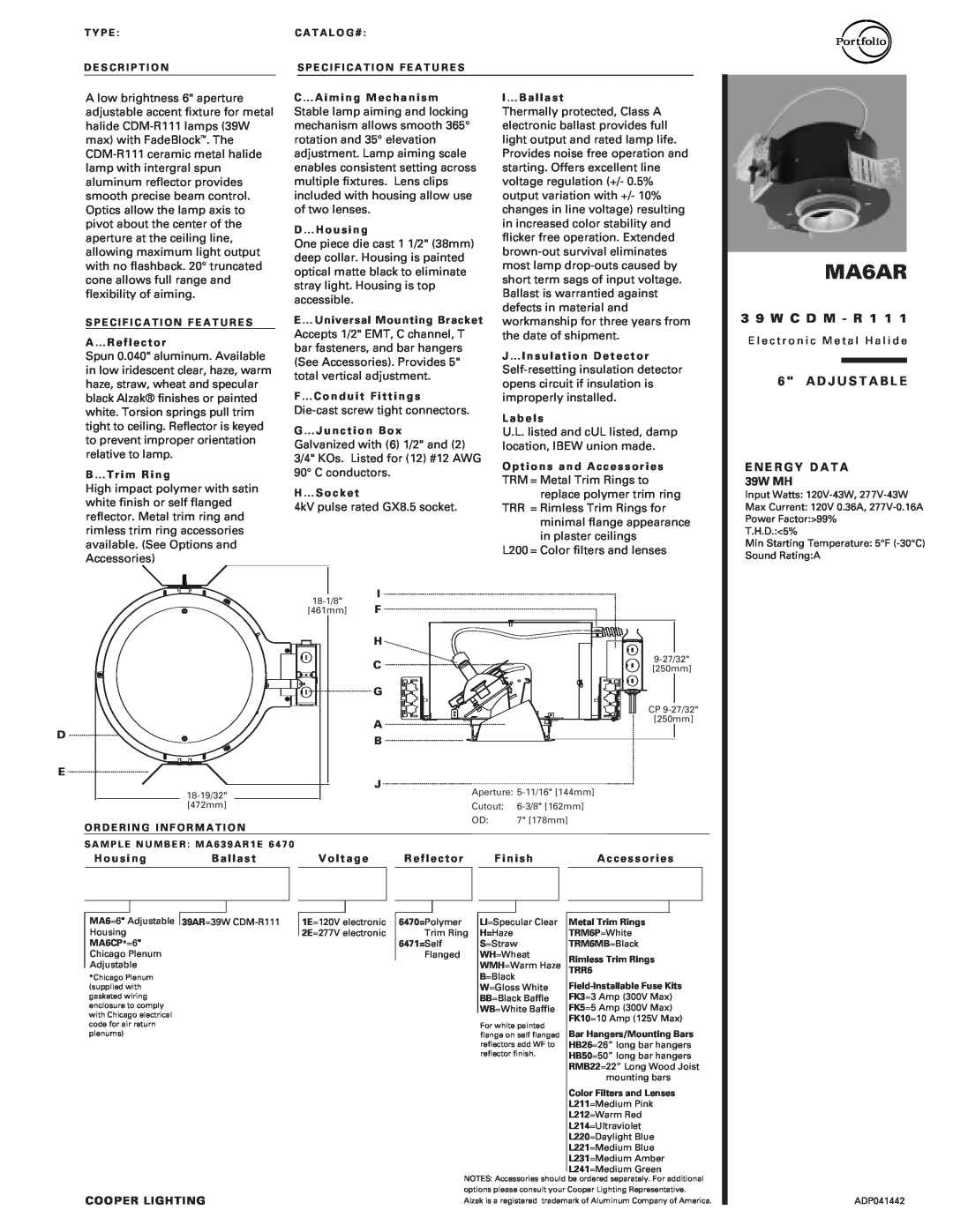 Cooper Lighting MA6AR manual E N E R G Y D A T A 39W MH, 3 9 W C D M - R 1, A D J U S T A B L E 