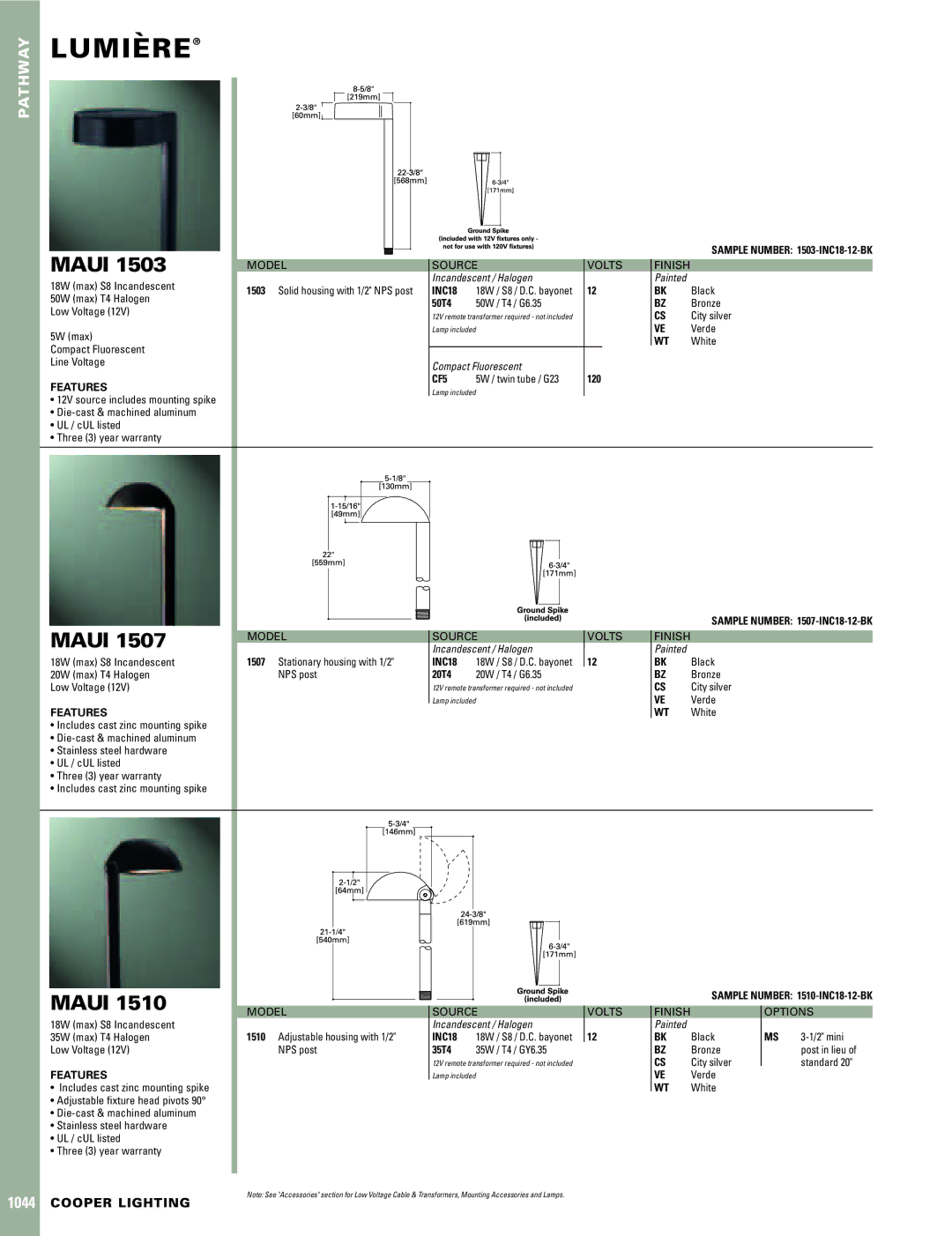 Cooper Lighting Maui 1507, Maui 1510, Maui 1503 warranty Lumiere`, INC18, Features CF5 