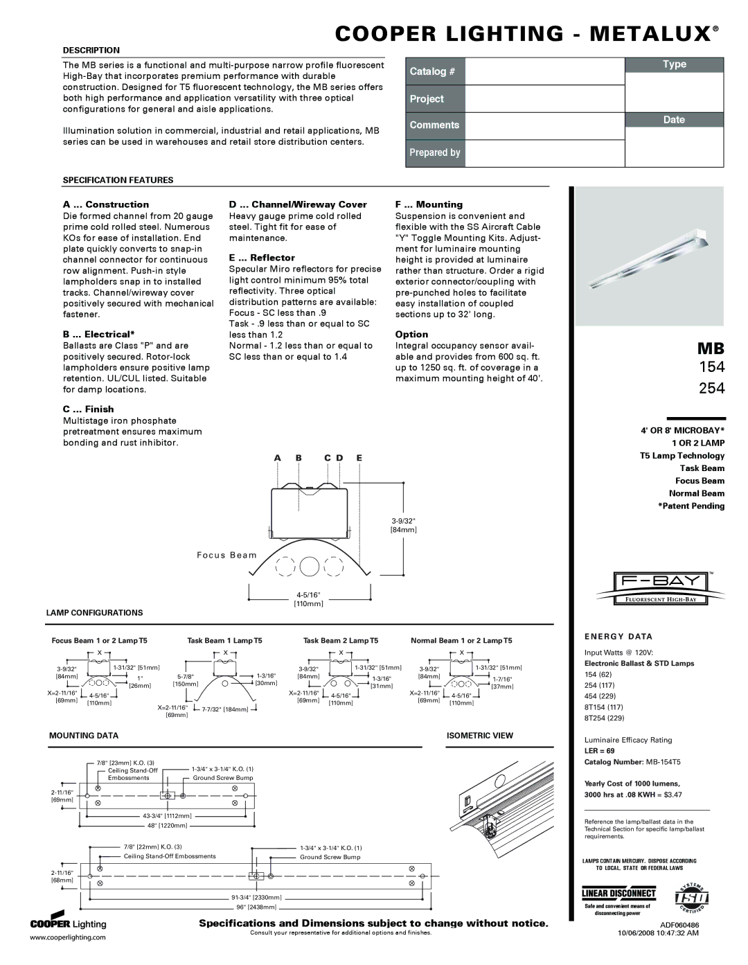 Cooper Lighting MB254 specifications Construction, Electrical, Finish, Channel/Wireway Cover, Reflector, Mounting, Option 