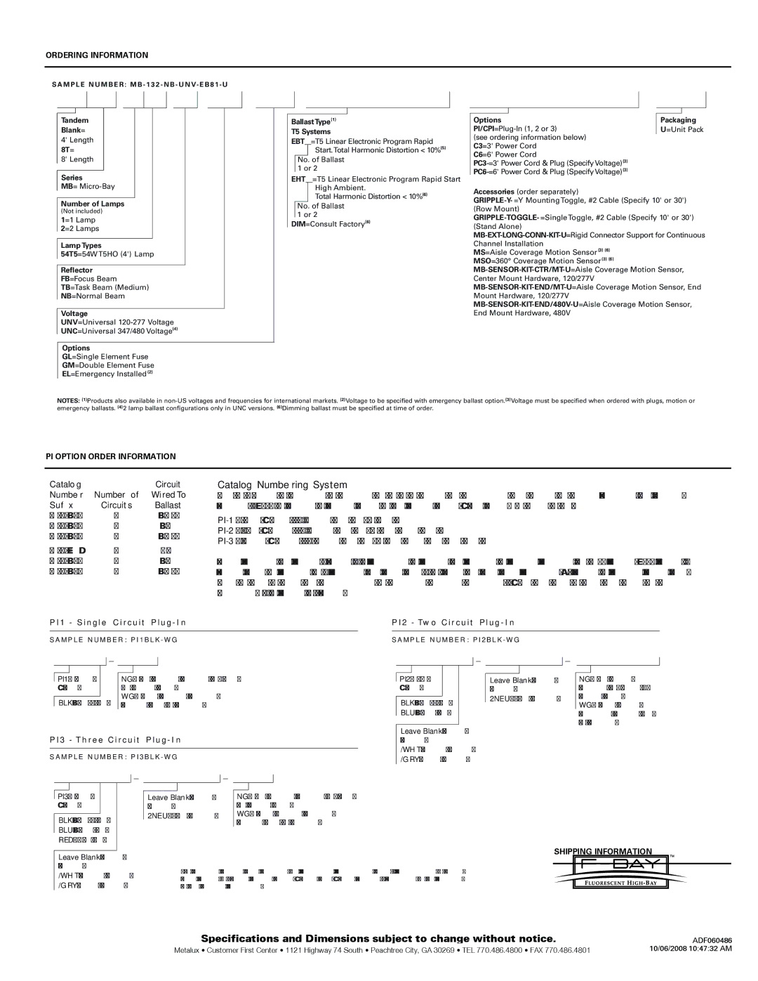 Cooper Lighting MB254, MB154 specifications Ordering Information, PI Option Order Information, Shipping Information 