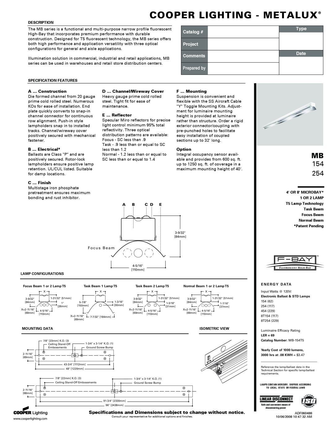 Cooper Lighting MB254 specifications Cooper Lighting - Metalux, 154, Catalog #, Project Comments, Prepared by, Type, Date 