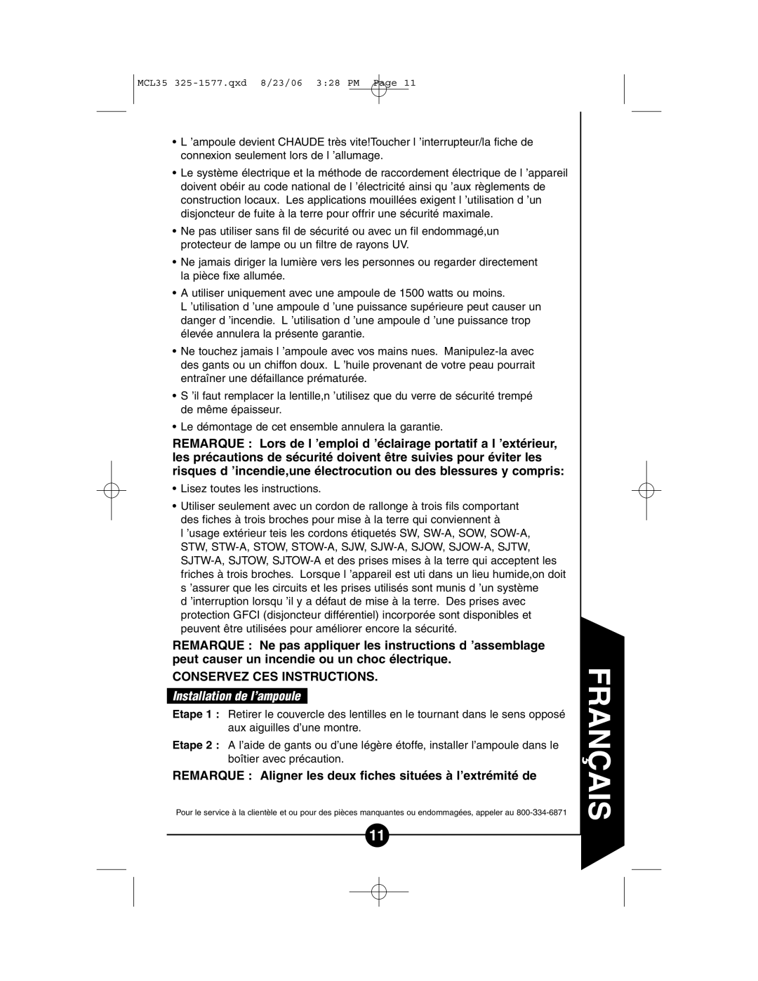 Cooper Lighting MCL5 instruction manual Installation de l’ampoule, Lisez toutes les instructions 