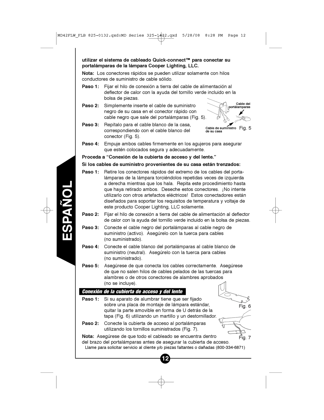 Cooper Lighting MD42FLB, MD42FLW instruction manual Conexión de la cubierta de acceso y del lente 