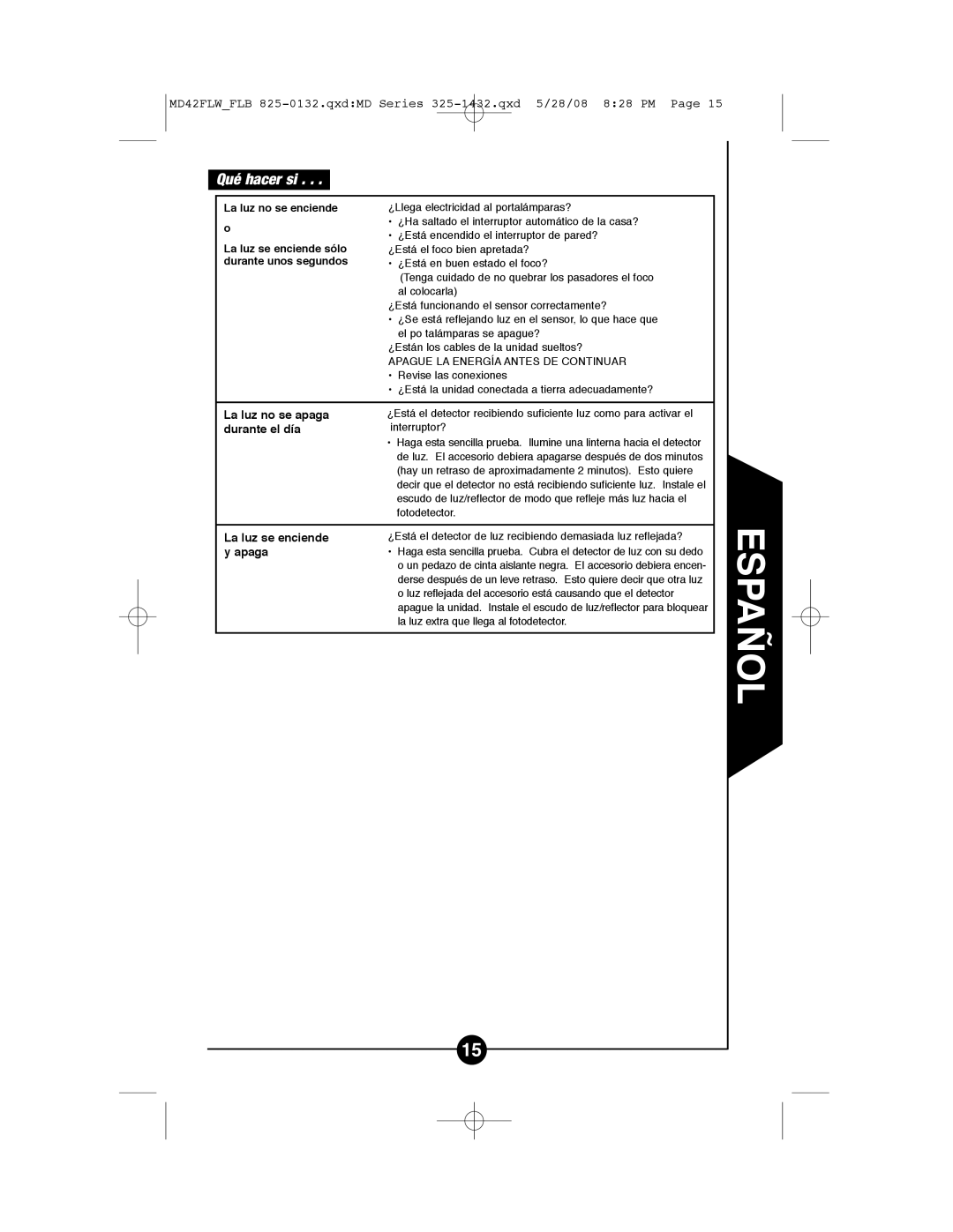 Cooper Lighting MD42FLW, MD42FLB instruction manual Qué hacer si, La luz no se enciende 