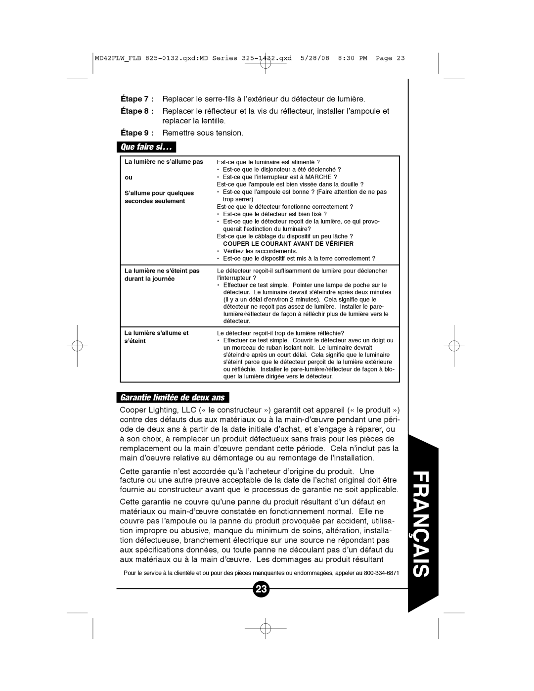 Cooper Lighting MD42FLW, MD42FLB instruction manual Que faire si, Garantie limitée de deux ans 