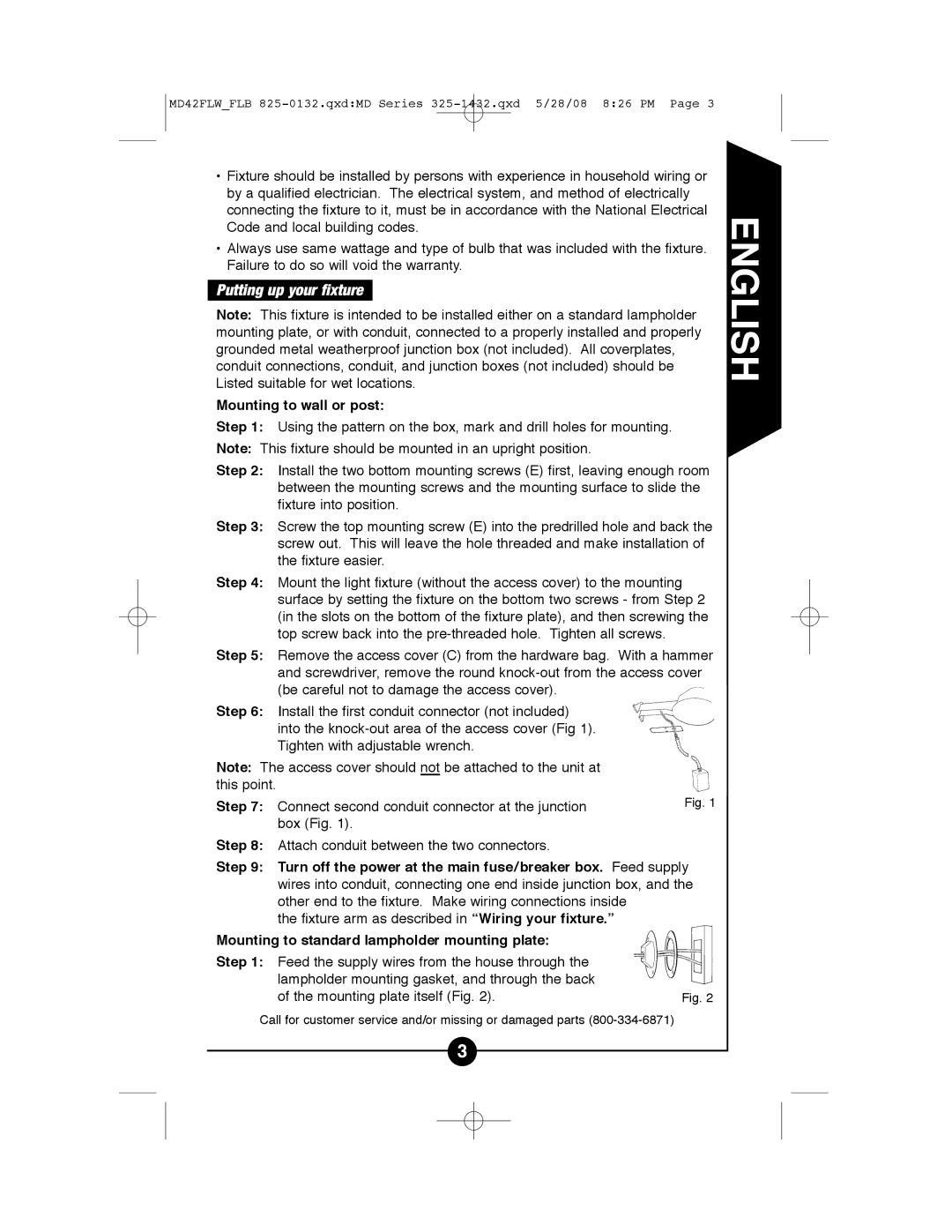 Cooper Lighting MD42FLW, MD42FLB instruction manual Putting up your fixture, Mounting to wall or post, Step 