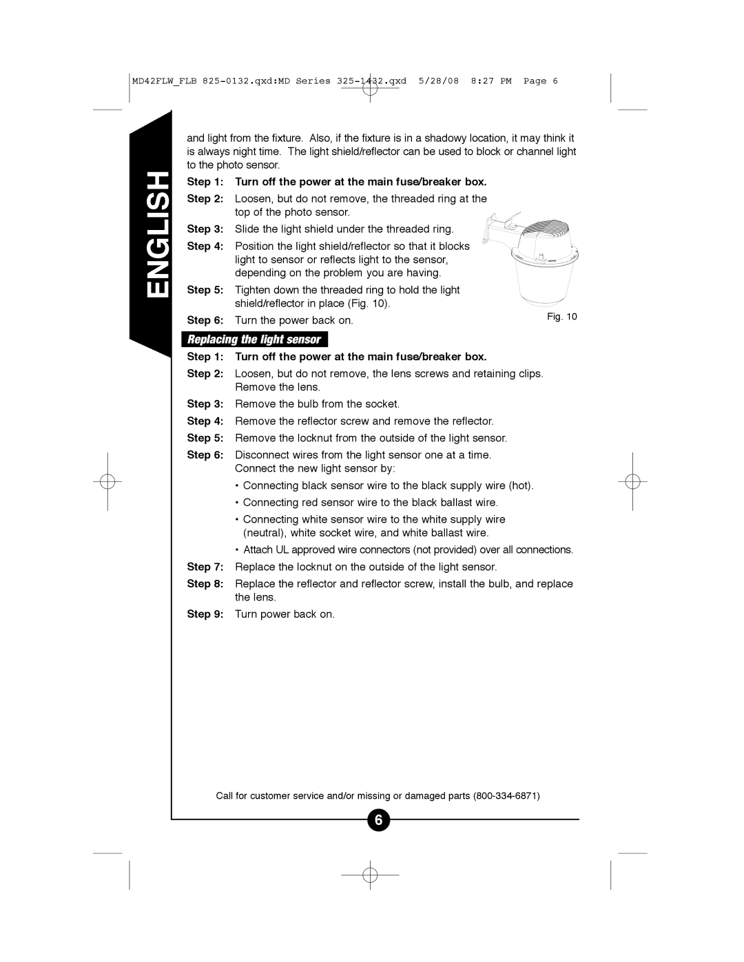 Cooper Lighting MD42FLB, MD42FLW Replacing the light sensor, Turn off the power at the main fuse/breaker box 