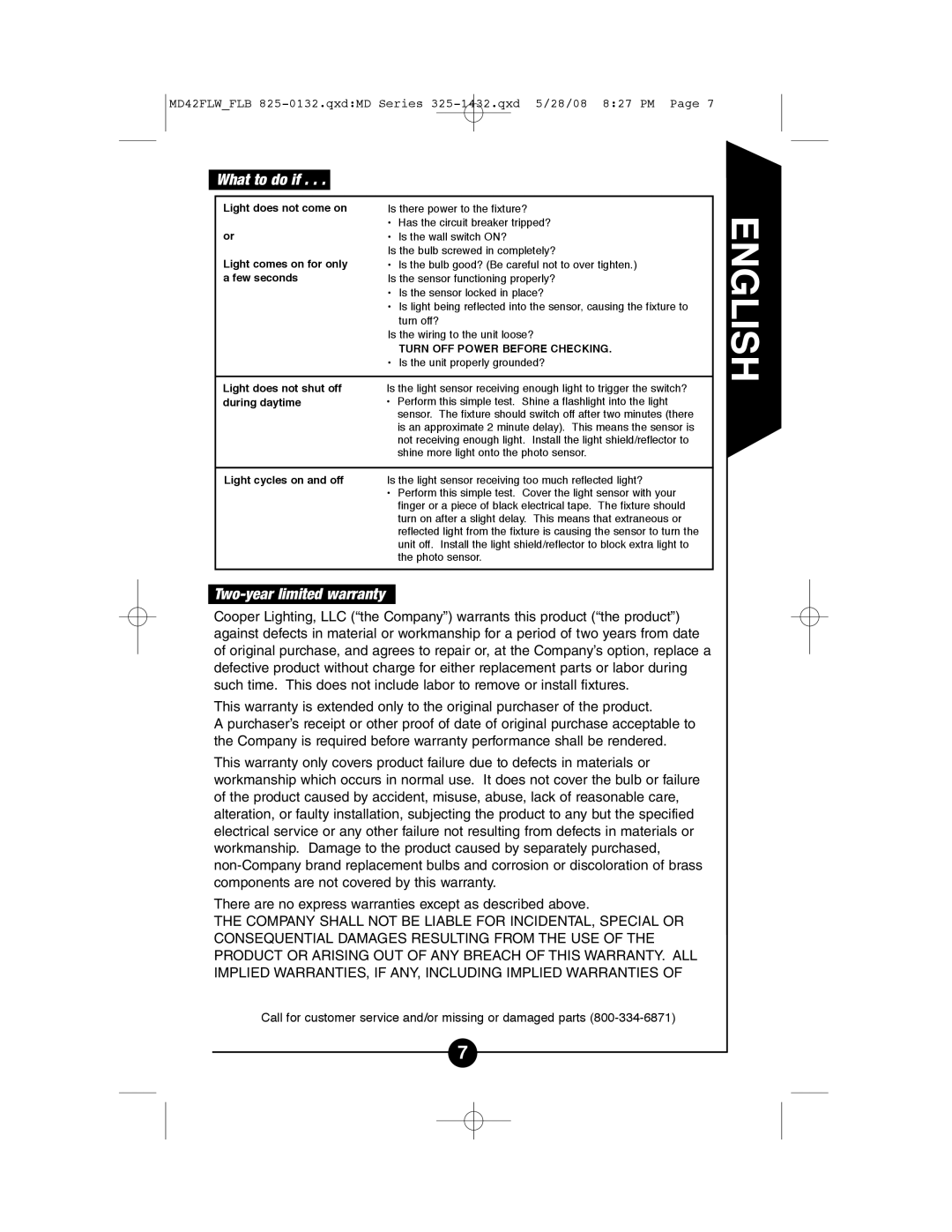 Cooper Lighting MD42FLW, MD42FLB instruction manual Two-year limited warranty, What to do if 