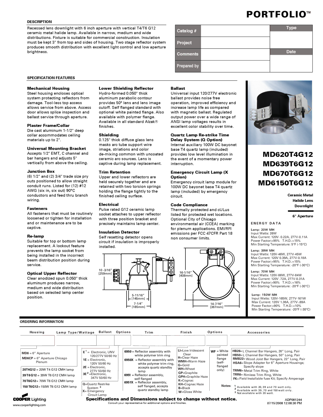 Cooper Lighting MD639T6G12 specifications Mechanical Housing, Plaster Frame/Collar, Universal Mounting Bracket, Fasteners 