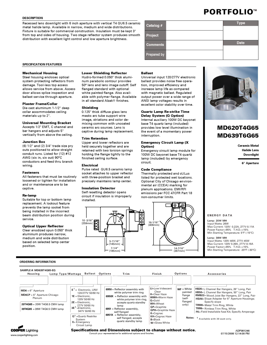 Cooper Lighting MD620T4G65 specifications Mechanical Housing, Plaster Frame/Collar, Universal Mounting Bracket, Fasteners 