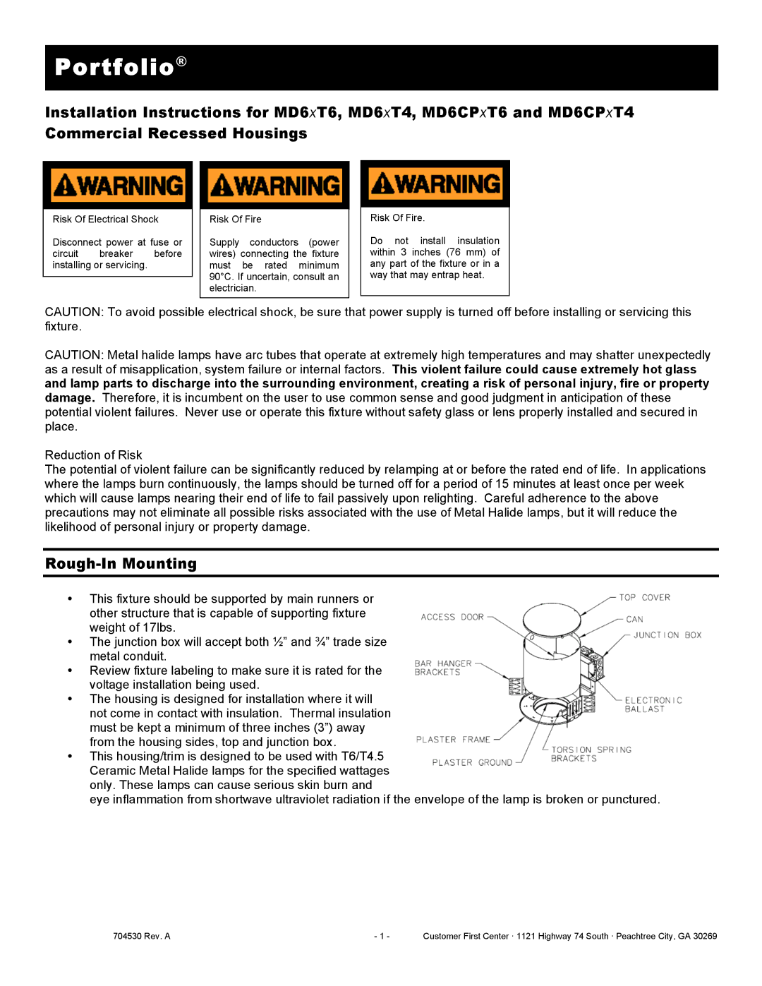 Cooper Lighting MD6xT6, MD6xT4, MD6CPxT6, MD6CPxT4 installation instructions Portfolio, Rough-In Mounting 