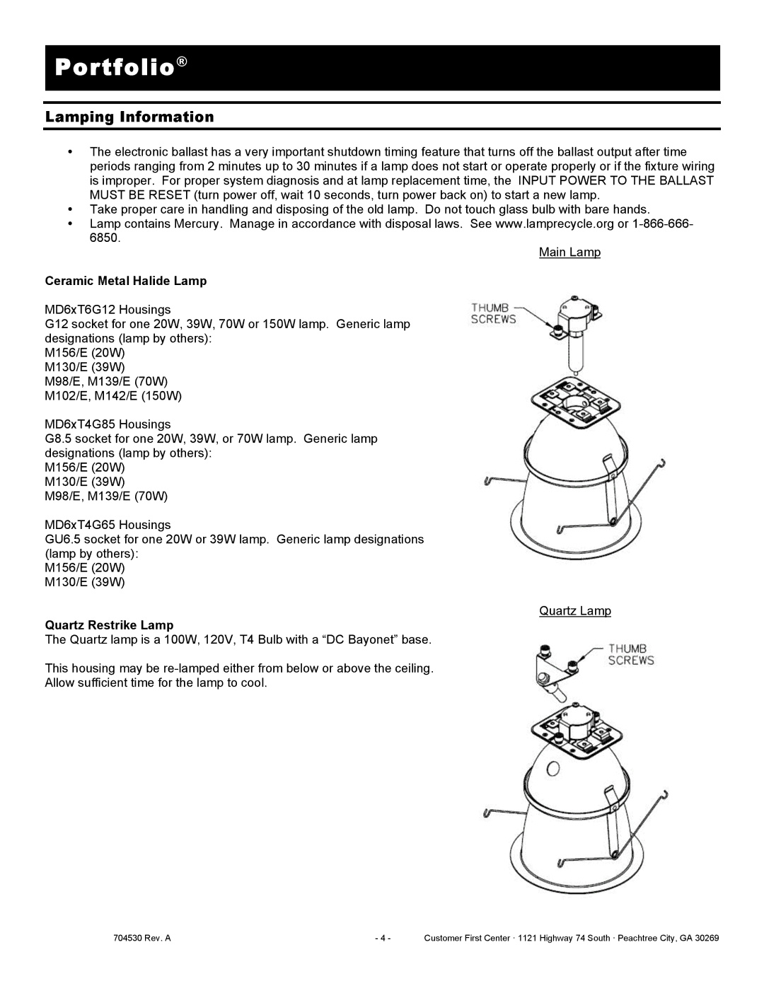 Cooper Lighting MD6xT4, MD6xT6, MD6CPxT6, MD6CPxT4 installation instructions Lamping Information, Ceramic Metal Halide Lamp 