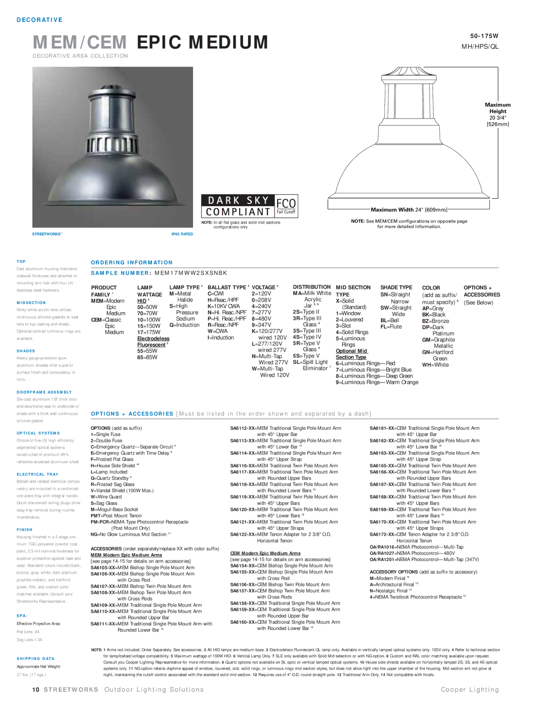 Cooper Lighting MEM17MWW2SXSNBK manual MEM/CEM Epic Medium, D E R I N G I N F O R M At I O N 