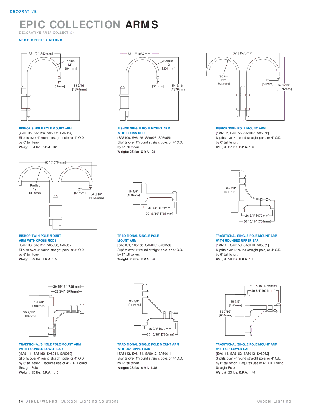 Cooper Lighting MEM17MWW2SXSNBK manual M S S P E C I F I C At I O N S, Bishop Single Pole Mount ARM 
