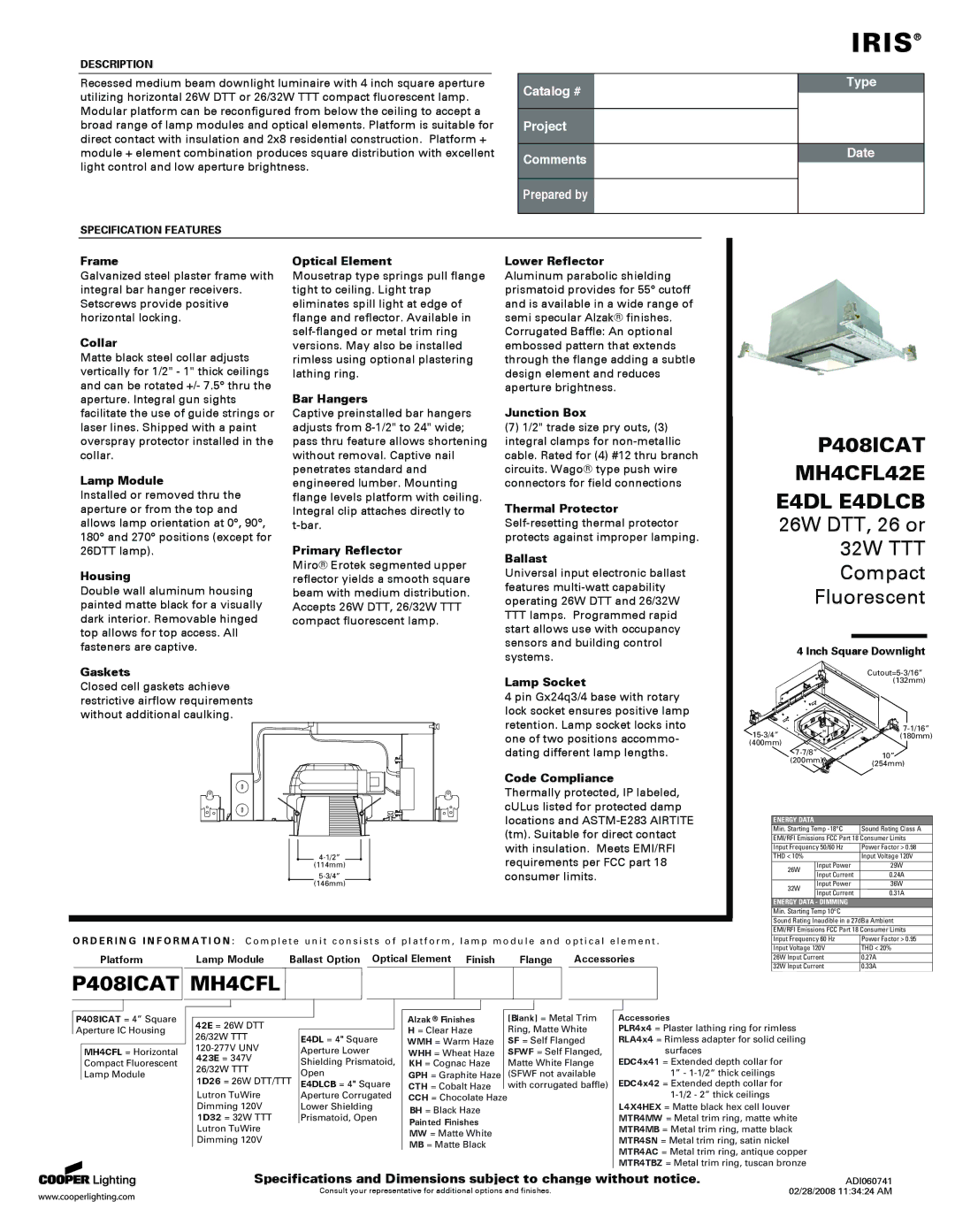 Cooper Lighting E4DL specifications Frame, Collar, Lamp Module, Housing, Gaskets, Optical Element, Bar Hangers, Ballast 