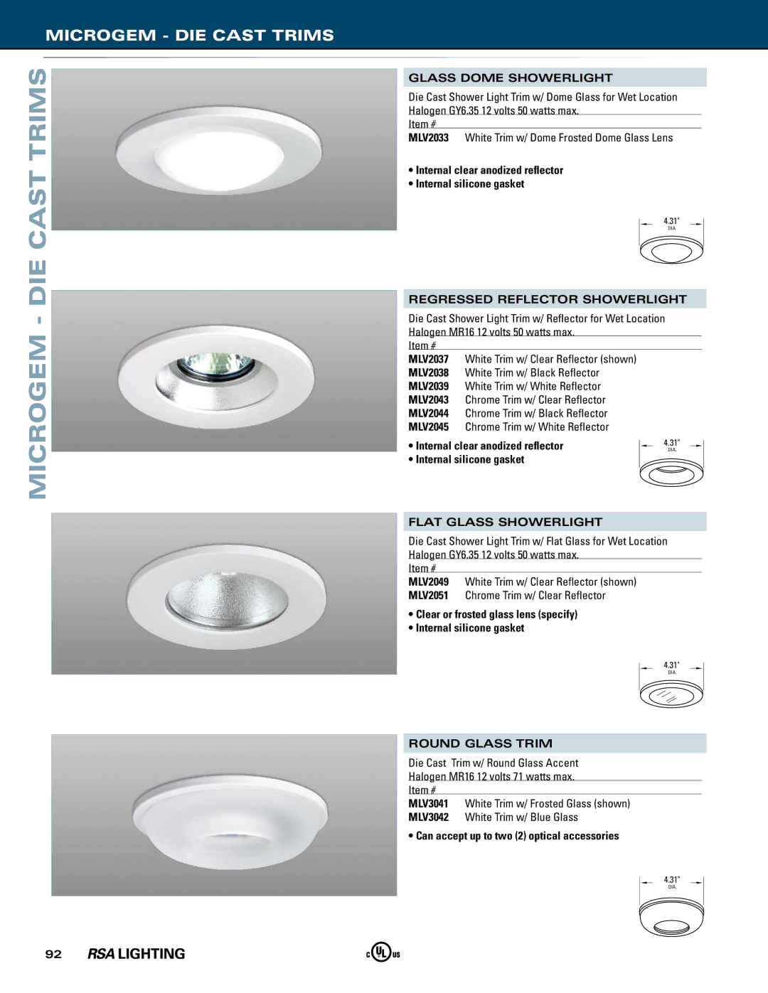 Cooper Lighting Microgem Glass Dome Showerlight, Regressed Reflector Showerlight, Flat Glass Showerlight, Round Glass Trim 