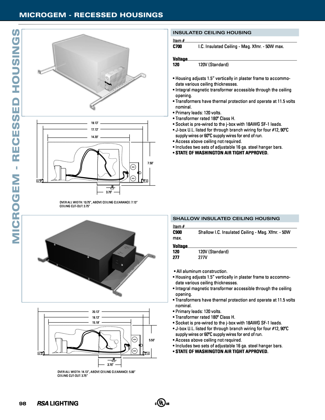 Cooper Lighting manual Microgem - RECESSED HOUSINGS, C700, Voltage, State of Washington Air Tight Approved, C900 