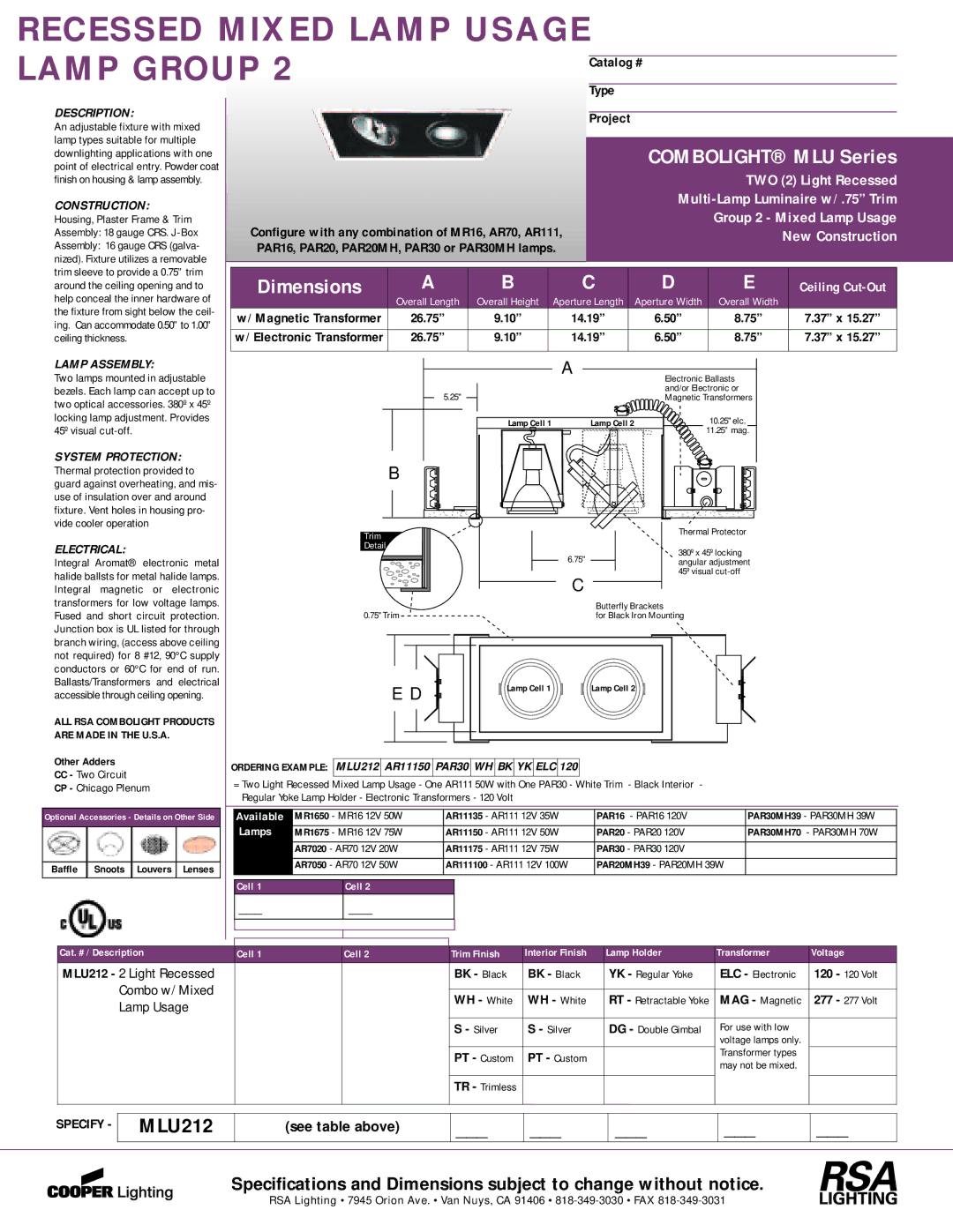 Cooper Lighting MLU212 dimensions Combolight MLU Series, Dimensions 