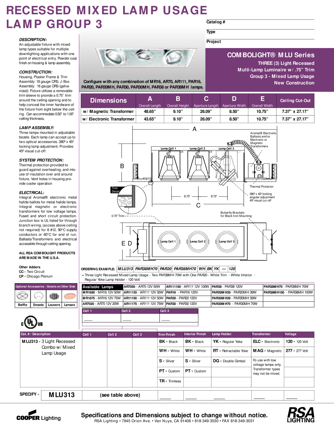 Cooper Lighting MLU313 dimensions Combolight MLU Series, Dimensions 