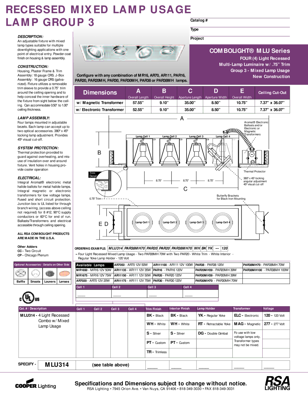 Cooper Lighting MLU314 dimensions Combolight MLU Series, Dimensions 