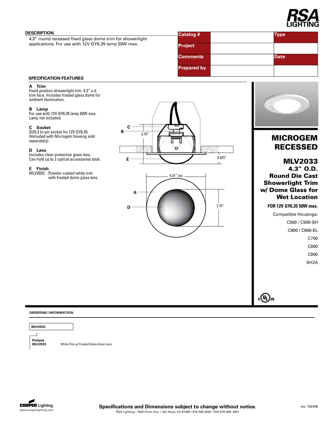 Cooper Lighting MLV2033 specifications Microgem, Recessed 
