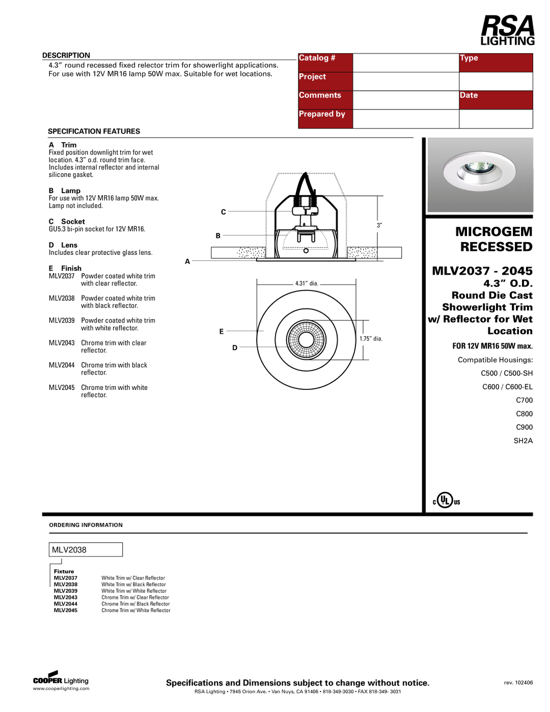 Cooper Lighting MLV2037, MLV2045, MLV2043, MLV2039, MLV2044, MLV2038 specifications Microgem, Recessed 