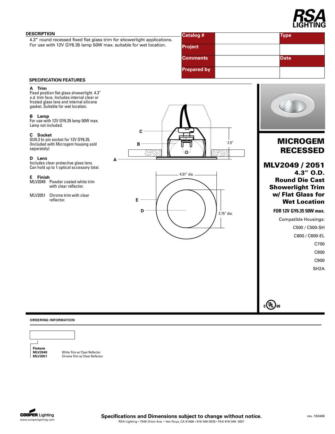 Cooper Lighting MLV2049, MLV2051 specifications Microgem, Recessed 