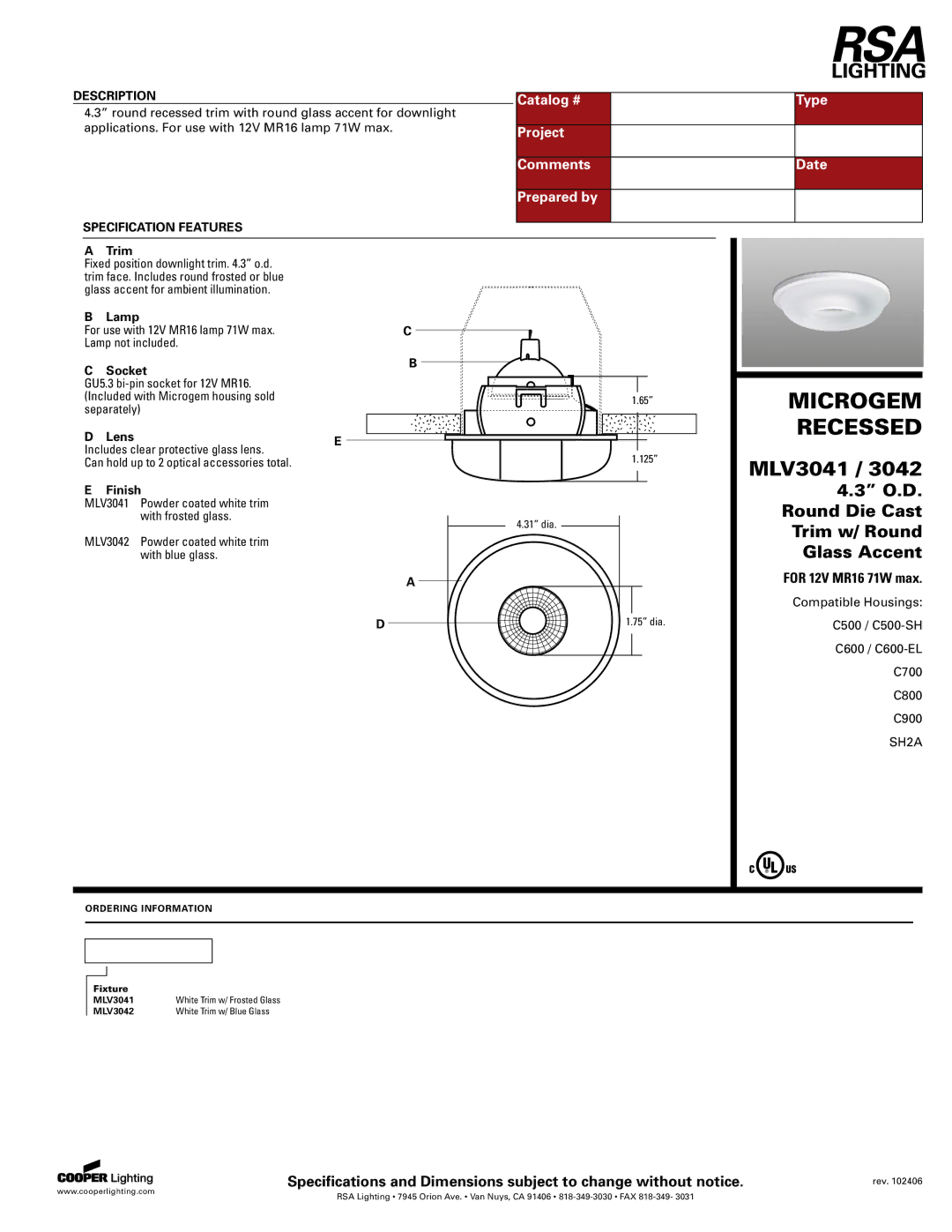 Cooper Lighting MLV3041, MLV3042 specifications Microgem, Recessed 