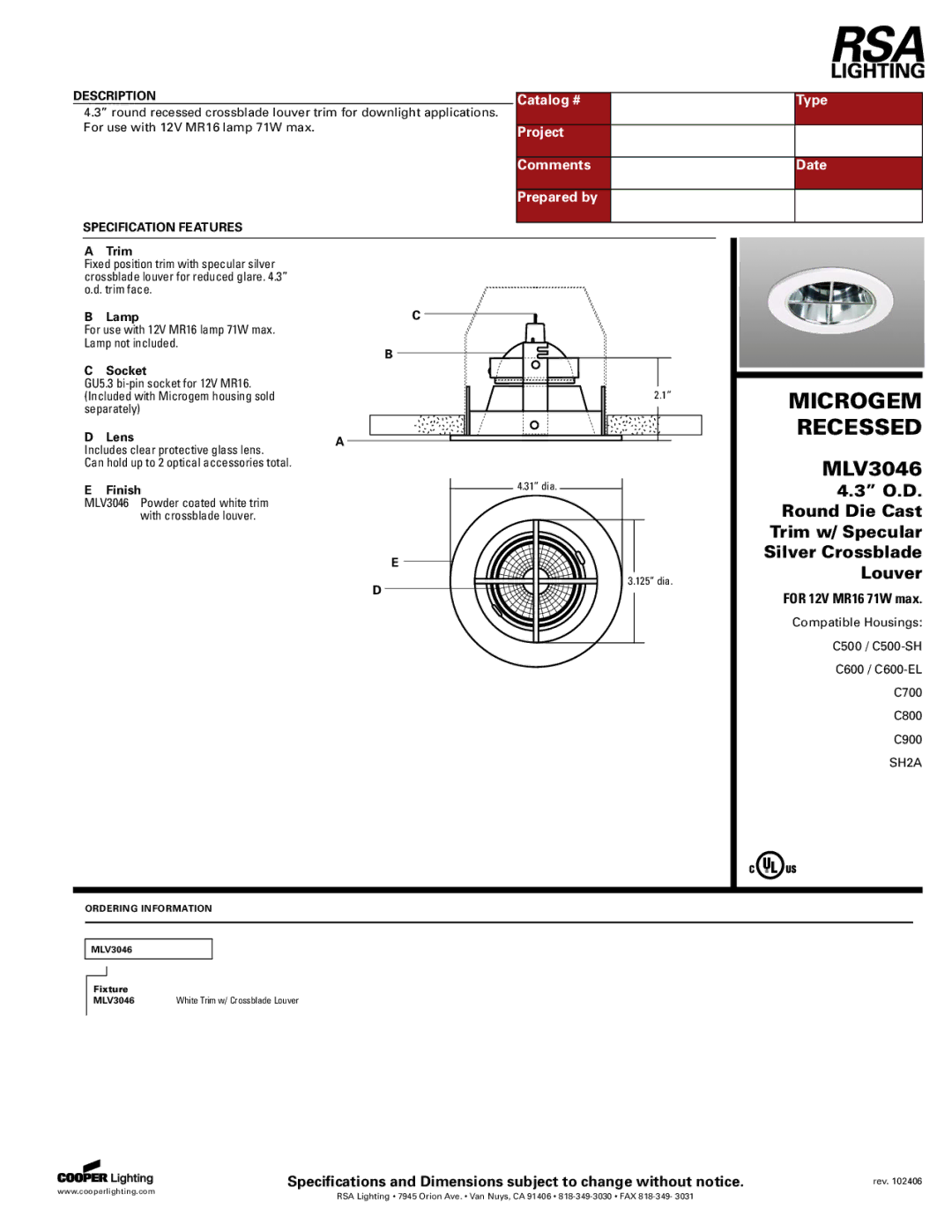 Cooper Lighting MLV3046 specifications Microgem, Recessed 