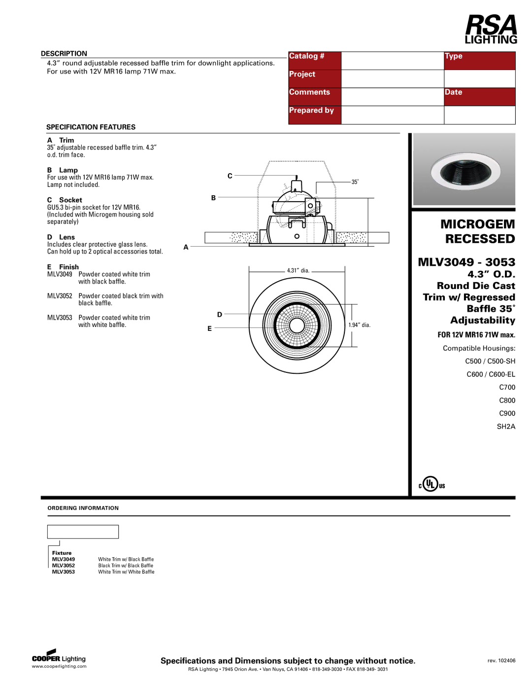 Cooper Lighting MLV3049, MLV3053 specifications Microgem, Recessed 