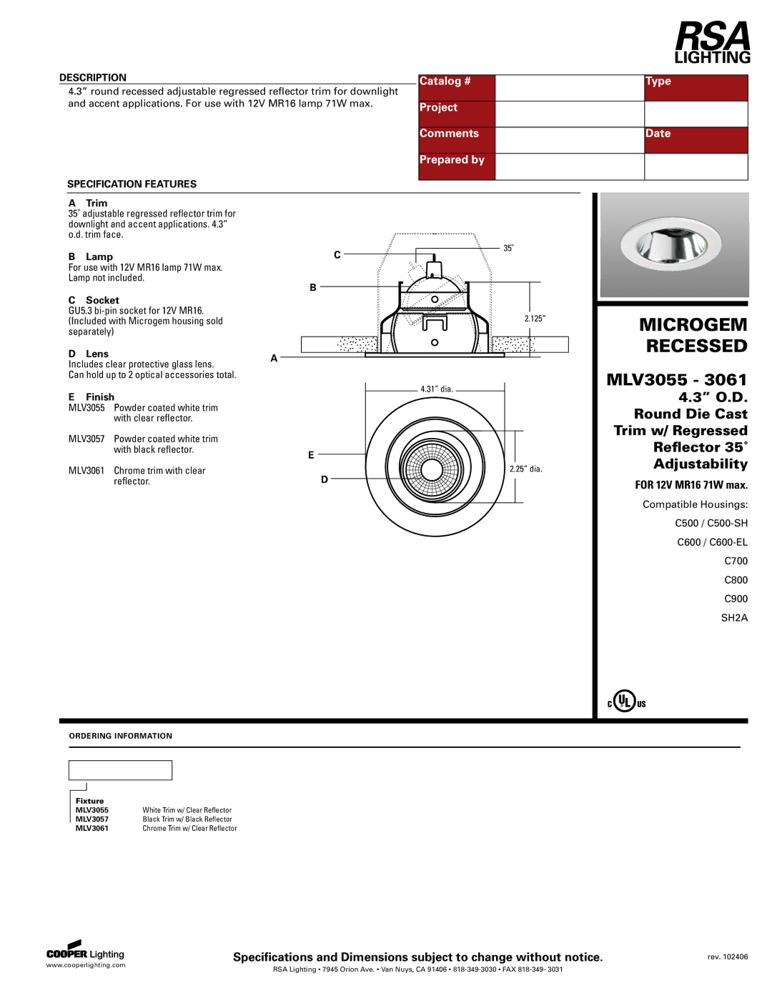Cooper Lighting MLV3055-3061 specifications Microgem, Recessed 