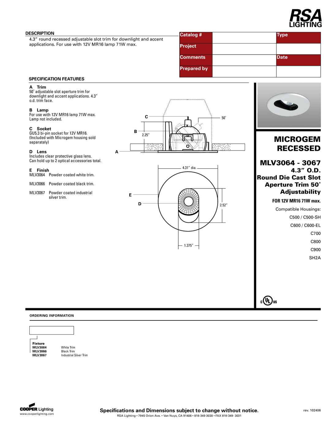 Cooper Lighting MLV3067 specifications Microgem, Recessed, MLV3064 