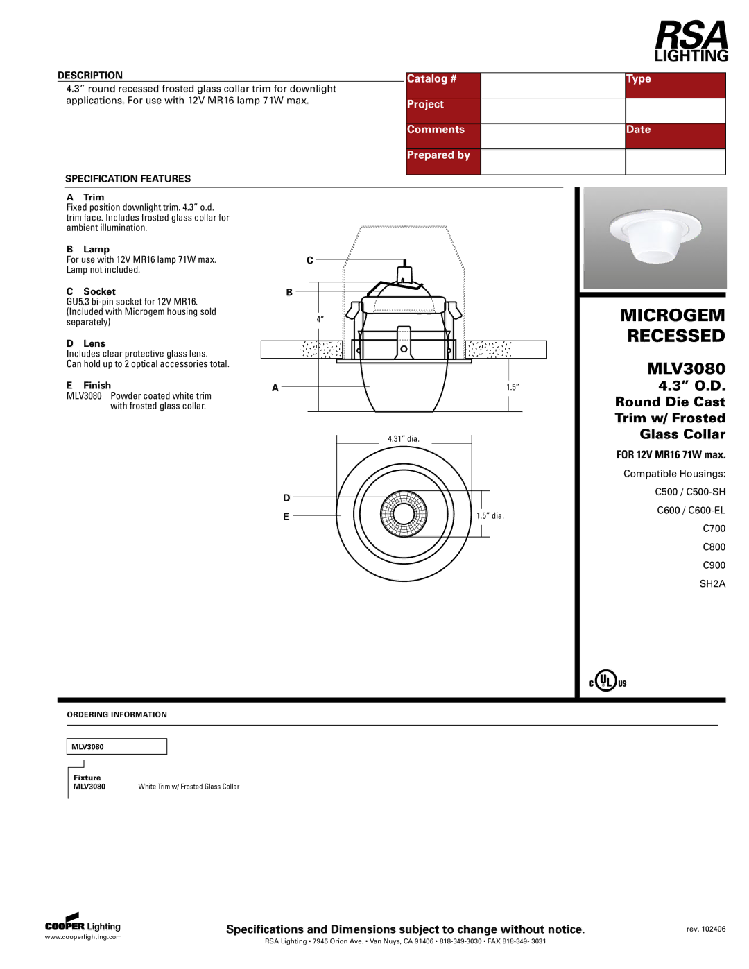 Cooper Lighting MLV3080 specifications Microgem, Recessed 