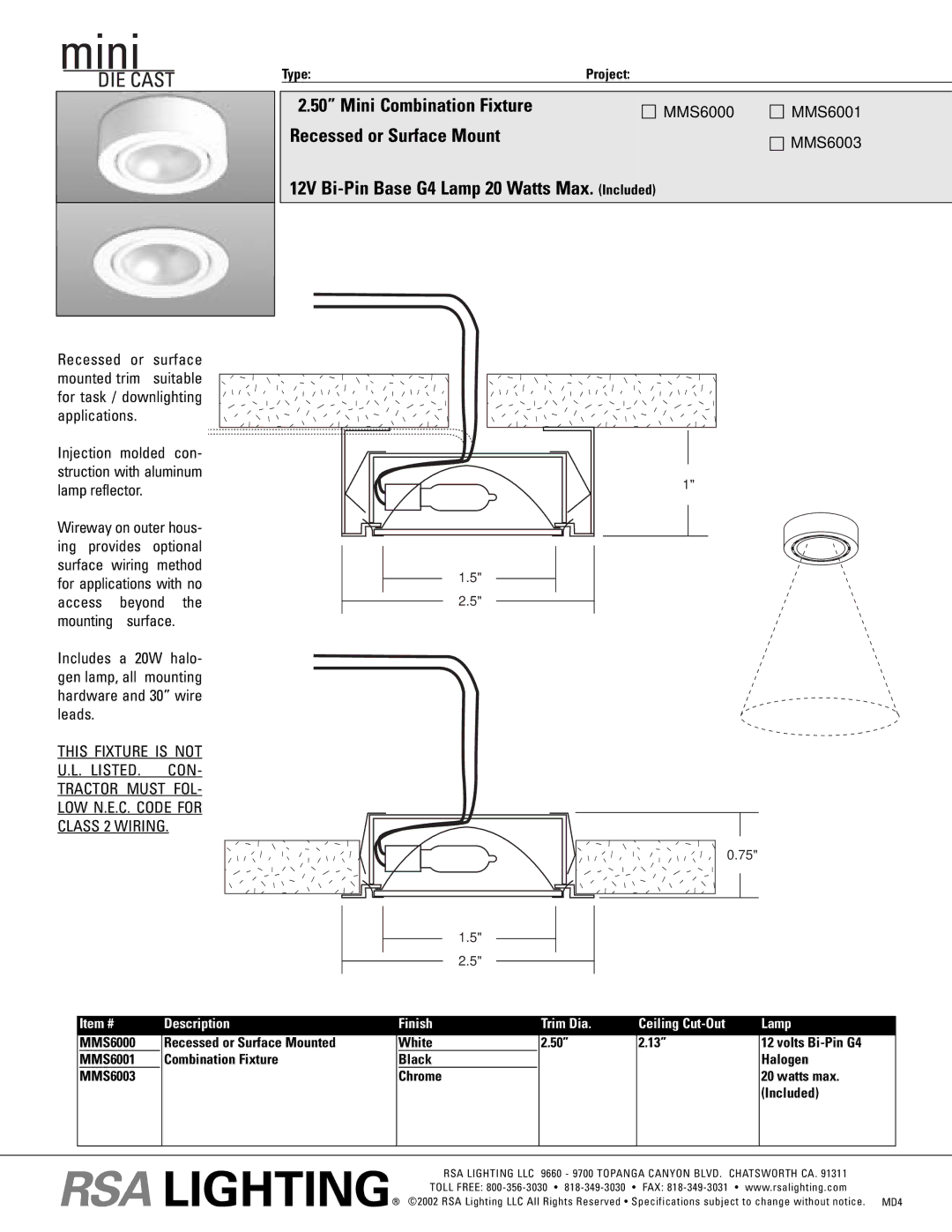 Cooper Lighting MMS6000, MMS6001, MMS6003 specifications Mini Combination Fixture, Recessed or Surface Mount 