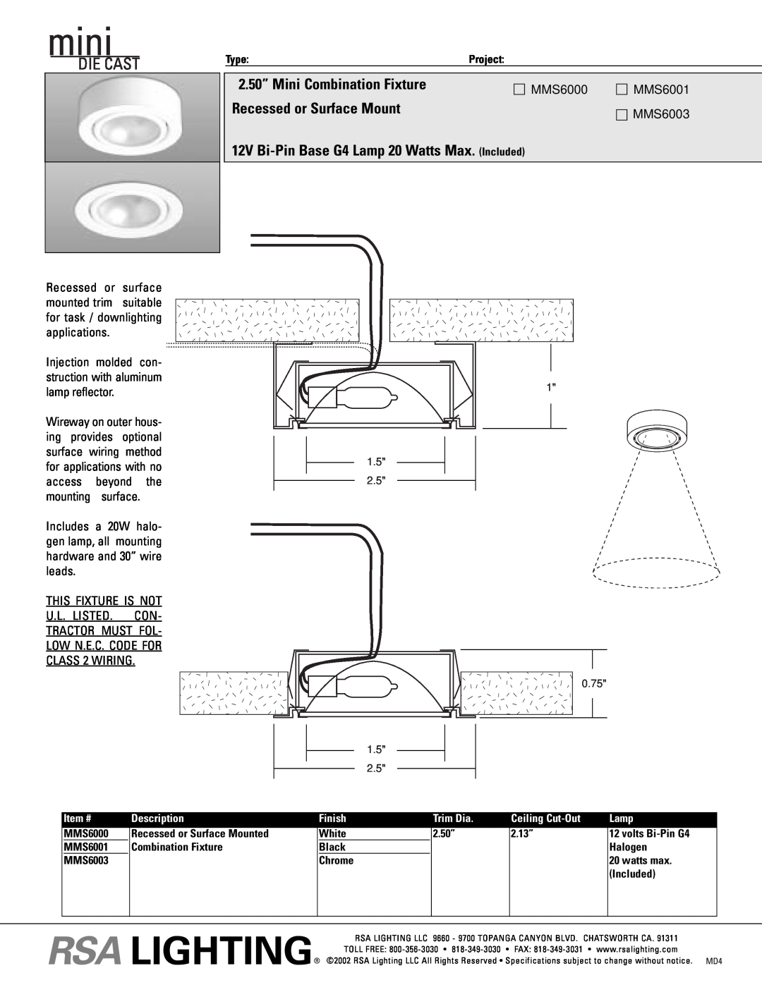 Cooper Lighting MMS6000 specifications 2.50” Mini Combination Fixture, Recessed or Surface Mount, MMS6001, MMS6003 