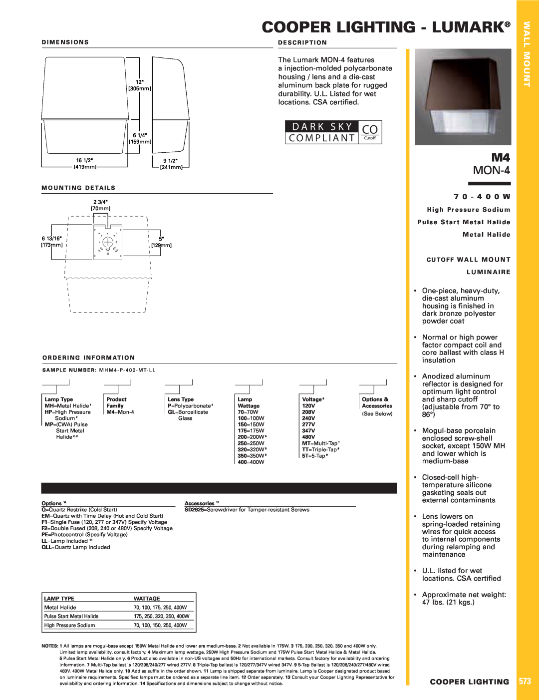 Cooper Lighting MON-4 specifications Cooper Lighting - Lumark, D A R K S K Y, Wall, C O M P L I A N T, Mount 